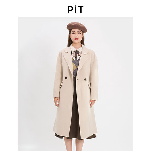 PIT中长款绵羊毛呢大衣女2025秋季新款山羊绒百搭翻领外套