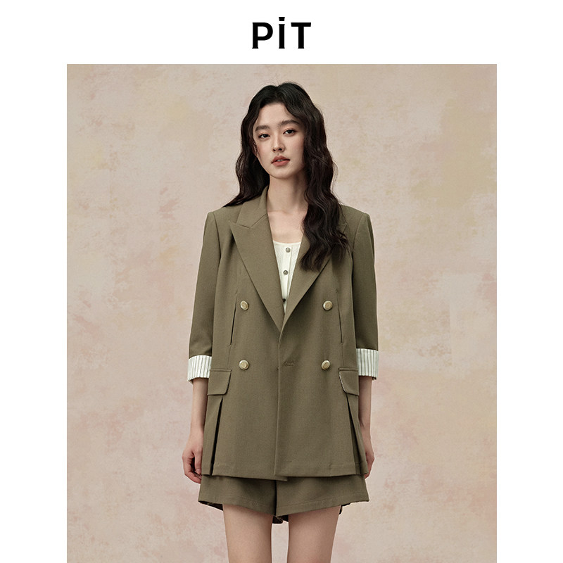 PIT绿色薄款条纹拼接短袖西装外套女秋季英伦风职业西服上衣图片