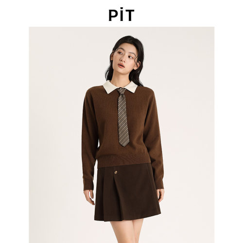 PIT100%绵羊毛针织衫女衬衫领上衣2025秋季新款复古咖色显瘦百搭