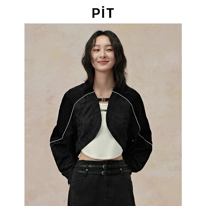 PIT黑色分割线解构拼接长袖短外套女秋季薄款夹克上衣										