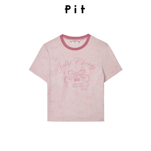 PIT粉色短袖印花T恤女夏显瘦