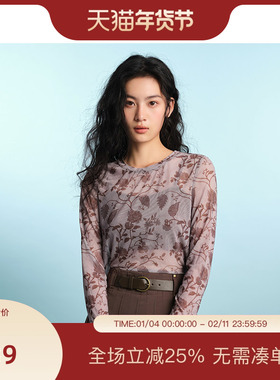 PIT碎花镂空提花长袖T恤雪纺衫女2025夏微透网纱空调衫上衣