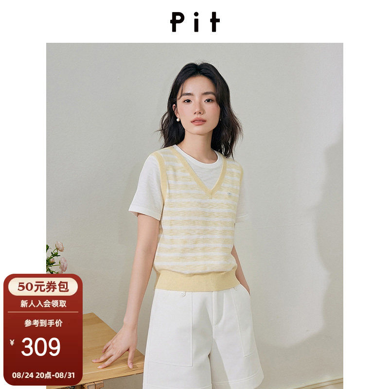 PIT清新条纹圆领假两件针织衫薄款女士2026夏季新款套头T恤上衣图片