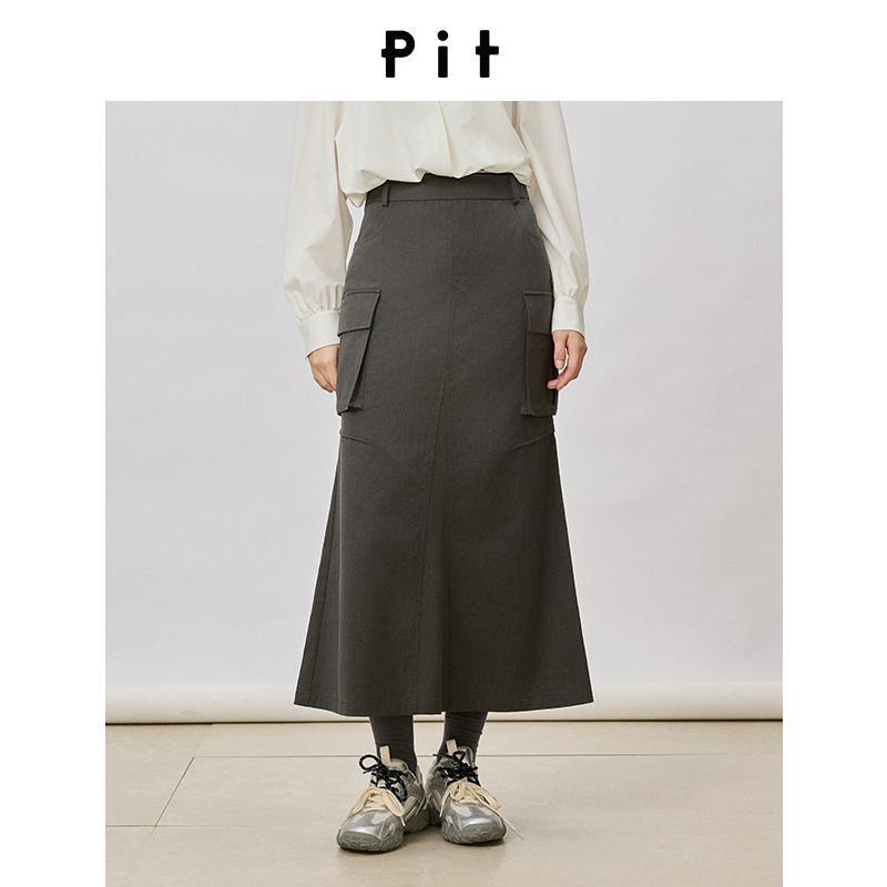 PIT纯色高腰直筒A字半身裙女2025秋户外休闲工装风大口袋中长裙