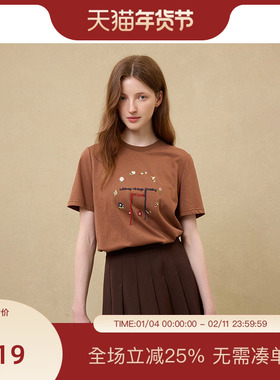 PIT纯色圆领纯棉刺绣花花短袖T恤女2025夏宽松亲肤透气上衣