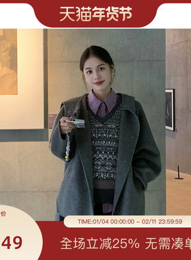 PIT100%绵羊毛呢外套女2025冬季新款长袖短外套显瘦小个子百搭