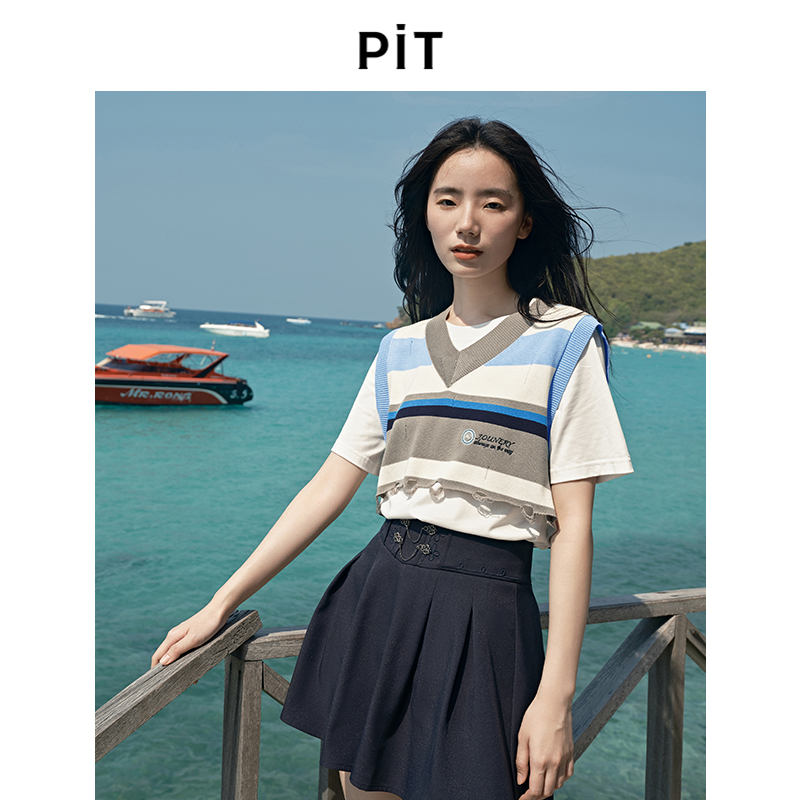 PIT拼色圆领针织拼接两件套短袖T恤女2025春新款学院风半袖上衣