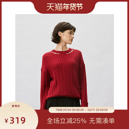 PIT圆领长袖毛针织衫镂空露锁骨女2025冬季新款毛衣圣诞节跨年