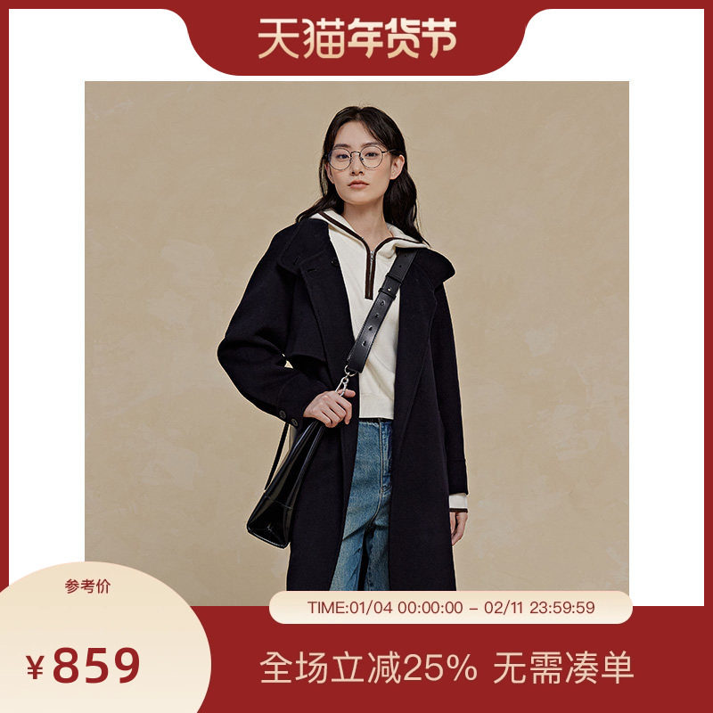 PIT100%绵羊毛呢外套女2025秋季新款中长款大衣腰带显瘦百搭