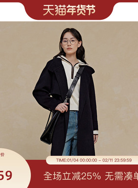 PIT100%绵羊毛呢外套女2025春季新款中长款大衣腰带显瘦百搭