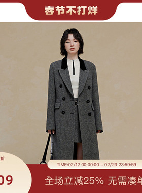 PIT复古灰色中长款100%绵羊毛大衣2025春季新款显瘦酷飒外套