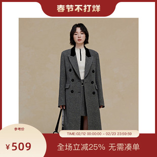 PIT复古灰色中长款100%绵羊毛大衣2025春季新款显瘦酷飒外套