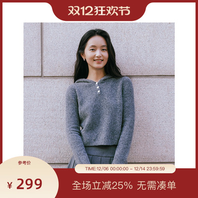 PIT复古连帽绵羊毛针织衫女2025秋季新款薄款百搭显瘦羊驼毛上衣