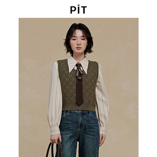 马夹外套 新款 PIT复古灰绿色华夫格马甲女套头毛针织衫 2025秋季