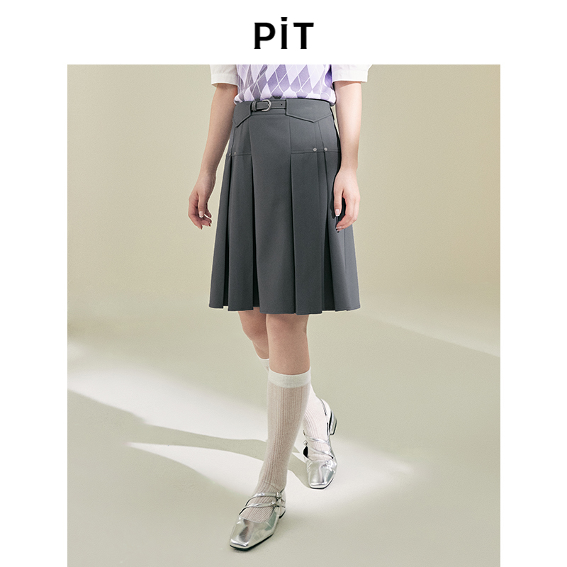 PIT复古灰色收腰百褶裙短裙女2025春新款学院风休闲伞裙半身裙