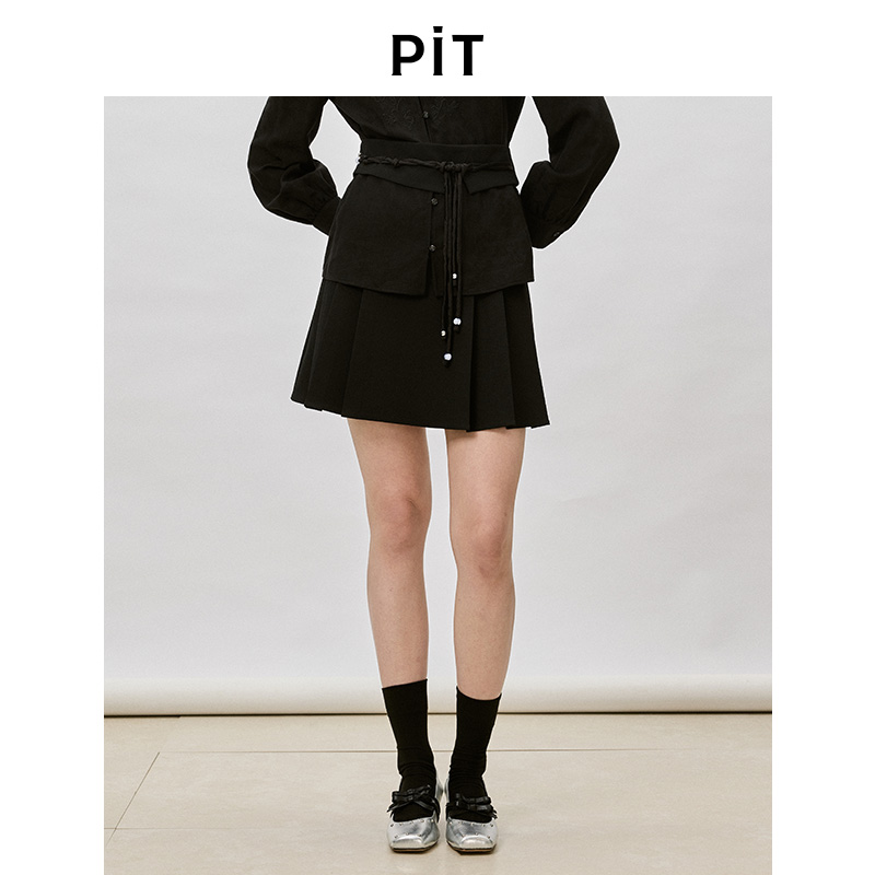 PIT经典复古黑色百褶短裙2025冬季冬款百搭显瘦小个子