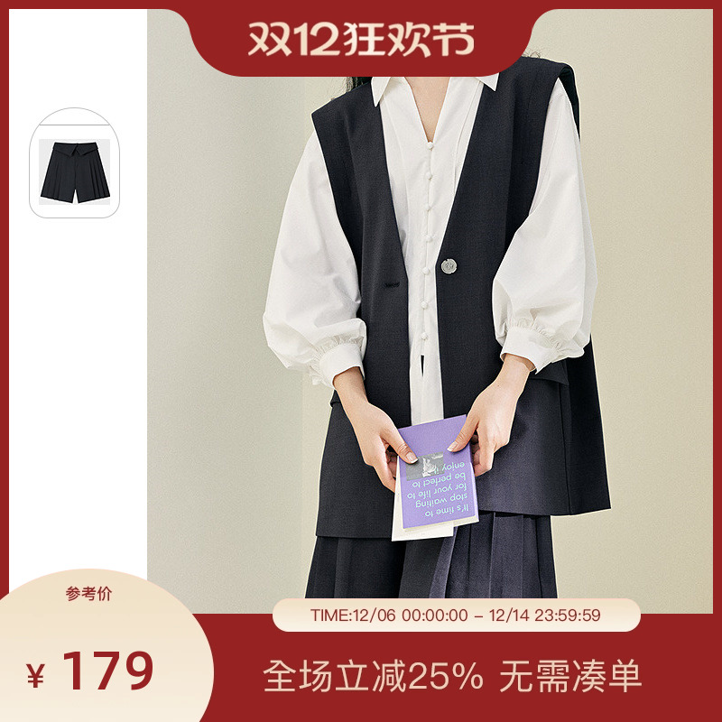 PIT纯色翻边百褶直筒裙裤女2025夏新款简约休闲透气阔腿西装短裤