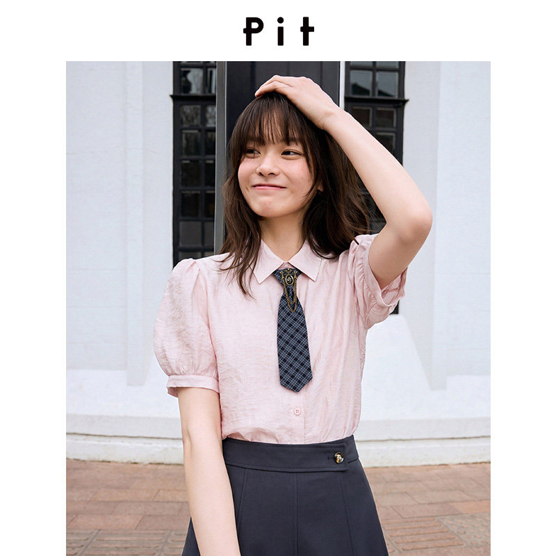 PIT复古设计感格纹领带衬衫女2026夏新款学院风泡泡袖短袖上衣图片
