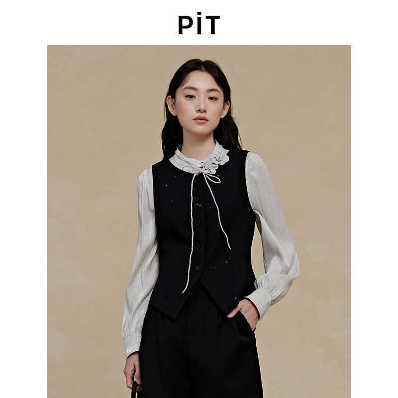 PIT黑色复古马甲短外套女秋冬季坎肩马夹小个子显高百搭图片