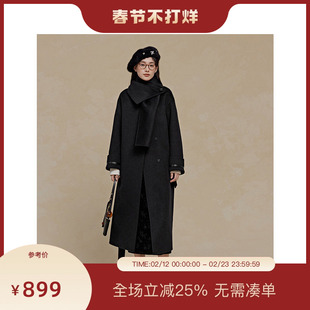 PIT100%绵羊毛呢外套女2025冬季新款长款大衣黑色百搭显瘦