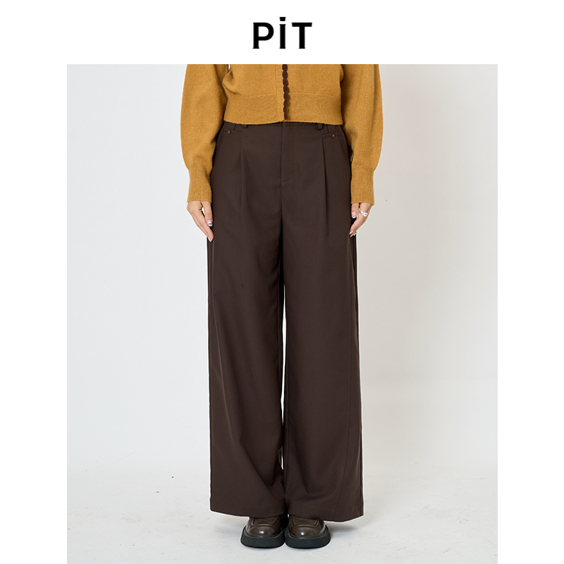 PIT深咖色复古直筒女士休闲裤2025新款百搭高腰显瘦宽松设计感