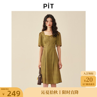 裙子 PIT复古法式 设计感纯棉格子连衣裙女2024秋季 新款 方领泡泡袖