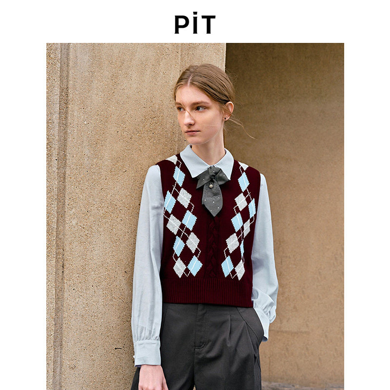 PIT复古咖色华夫格马甲女套头毛针织衫2025秋季新款马夹外套