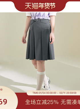 PIT复古灰色收腰百褶裙短裙女2025春新款学院风休闲伞裙半身裙