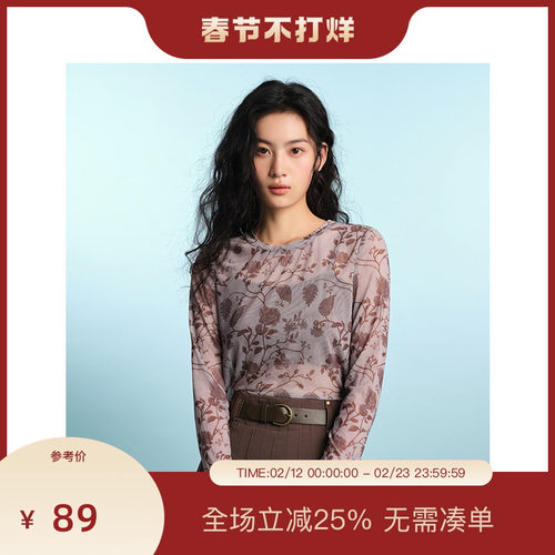 PIT碎花镂空提花长袖T恤雪纺衫女2025夏微透网纱空调衫上衣