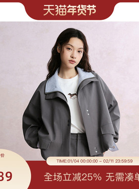 【商场同款】PIT撞色格纹短款风衣外套女宽松小个子工装夹克上衣