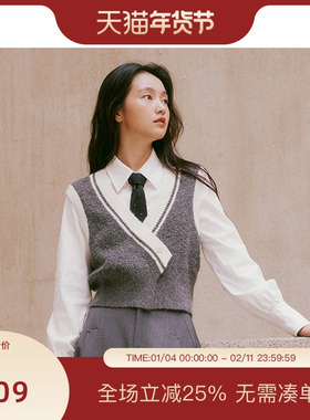 【博主同款】PIT拼色毛针织衫女2025春季新款驼绵羊毛衣马夹上衣