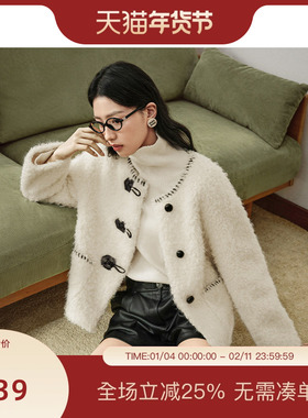 PIT仿羊羔毛短外套女休闲通勤圆领手工皮扣加厚皮毛一体上衣