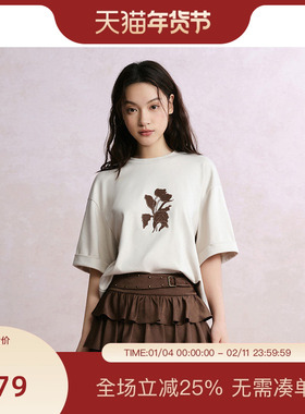 PIT纯色圆领植物印花短袖T恤女2025夏落肩袖宽松透气上衣
