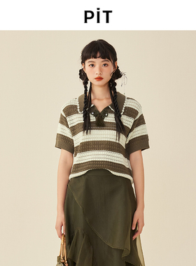 PIT复古法式设计感条纹短袖镂空毛针织衫女2025春新款polo领小衫
