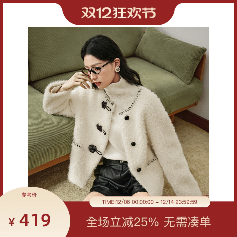 PIT仿羊羔毛短外套女休闲通勤圆领手工皮扣加厚皮毛一体上衣