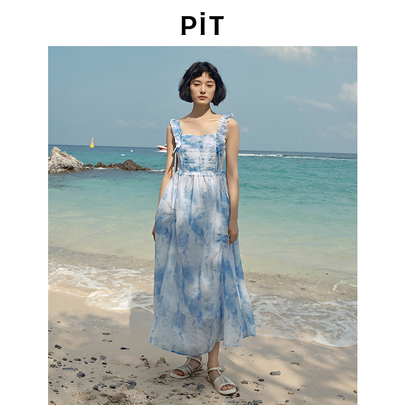 【航海系】PIT无袖吊带背心连衣裙女2025夏水墨晕染度假风中长裙