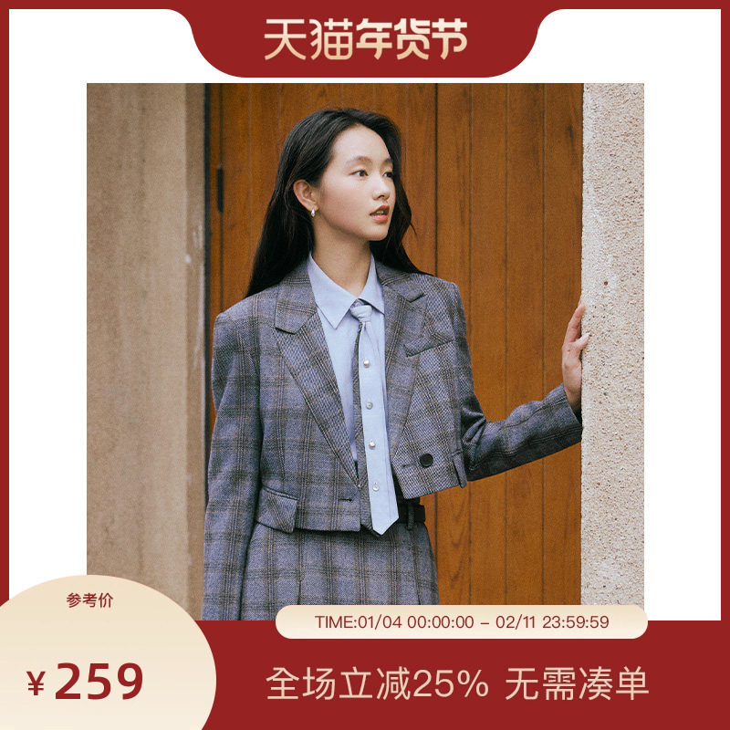 PIT复古格纹百搭短外套女小西装2025秋季新款显瘦长袖上衣