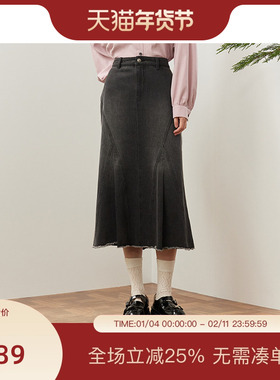 PIT复古牛仔鱼尾裙高腰显瘦黑色半身裙女2025春冬新款中长款a字裙