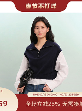 PIT复古拼色简约设计感套头针织打底衫女2025春新款长袖通勤上衣