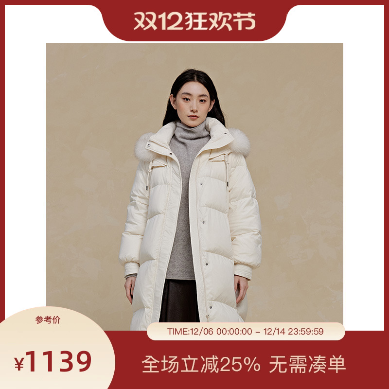 PIT米白色中长款连帽羽绒服女2025冬季新款保暖外套百搭