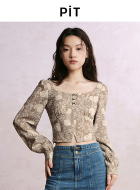 PIT复古碎花方领短款长袖雪纺衫衬衫女2025夏薄款修身显瘦上衣