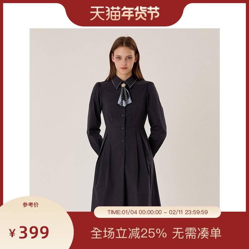 PIT纯色翻领收腰A字领带长袖衬衫裙连衣裙女2025夏显瘦中长裙,女装/女士精品,连衣裙,淘宝优惠券,粉丝福利购,淘宝优惠卷