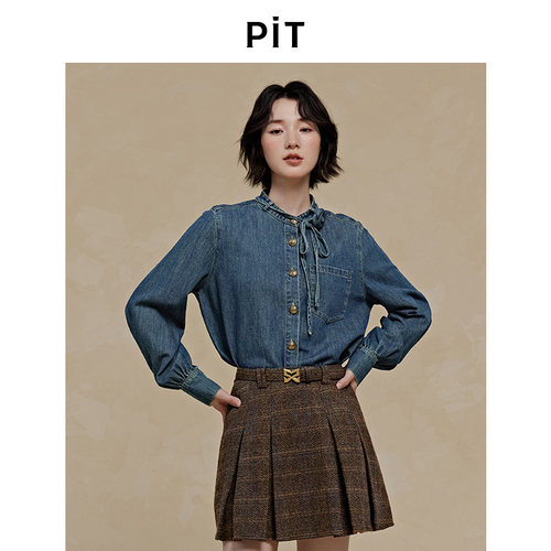 PIT蓝色牛仔100%棉长袖衬衫女秋冬领带外套上衣百搭