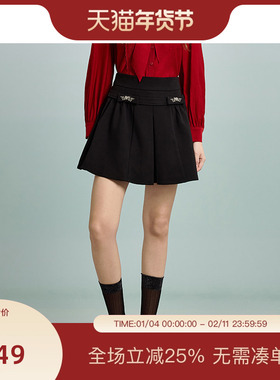 PIT复古高腰A字裙显瘦百搭2025春季新款黑色半身裙短款装饰设计感