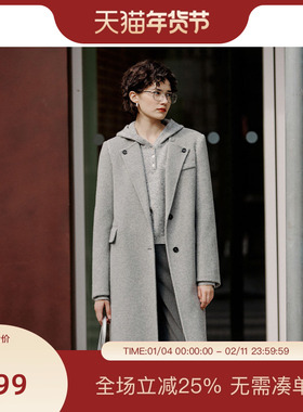 PIT复古灰色中长款绵羊毛呢大衣女2025冬季新款桑蚕丝羊驼绒外套