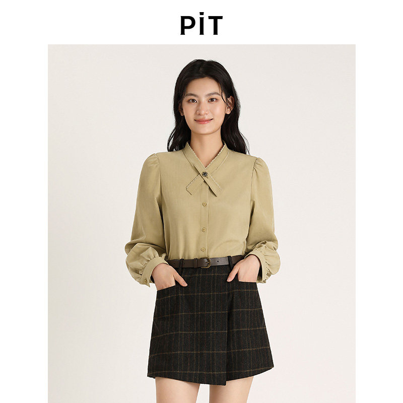PIT复古纯色长袖衬衫女2025春季新款灯显瘦灯笼袖百搭上衣