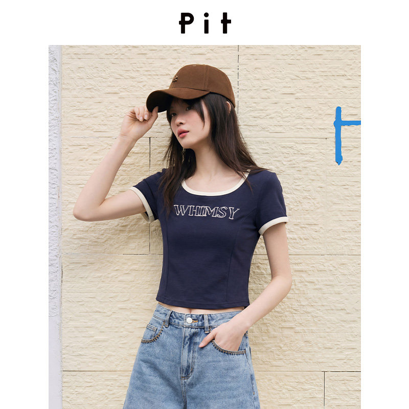 PIT藏青色撞色字母短款T恤女2026夏季新款正肩大方领修身上衣图片