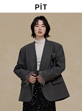 【高智穿搭】PIT复古灰色绵羊毛女士小西装2025秋季新款bf风外套
