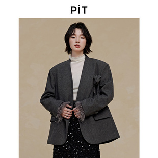 新款 2025秋季 PIT复古灰色绵羊毛女士小西装 bf风外套 高智穿搭