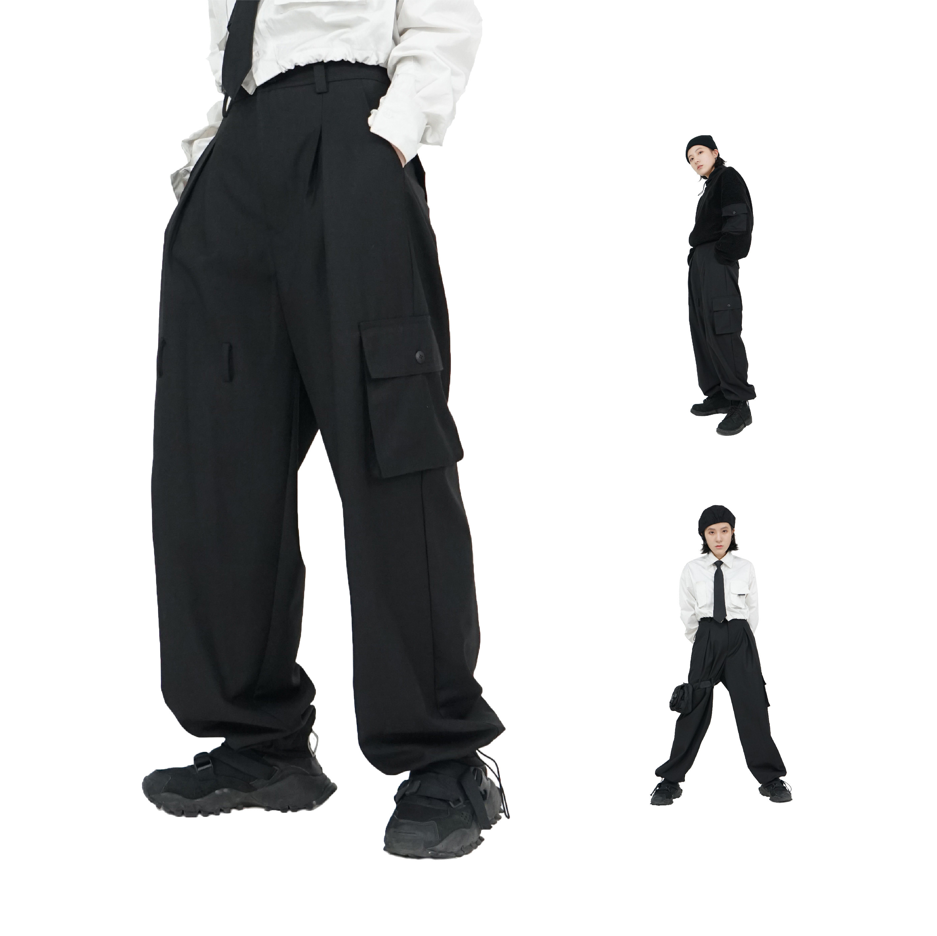 [限时清仓] lookinto|束脚西装裤休闲阔腿裤织带工装裤黑色